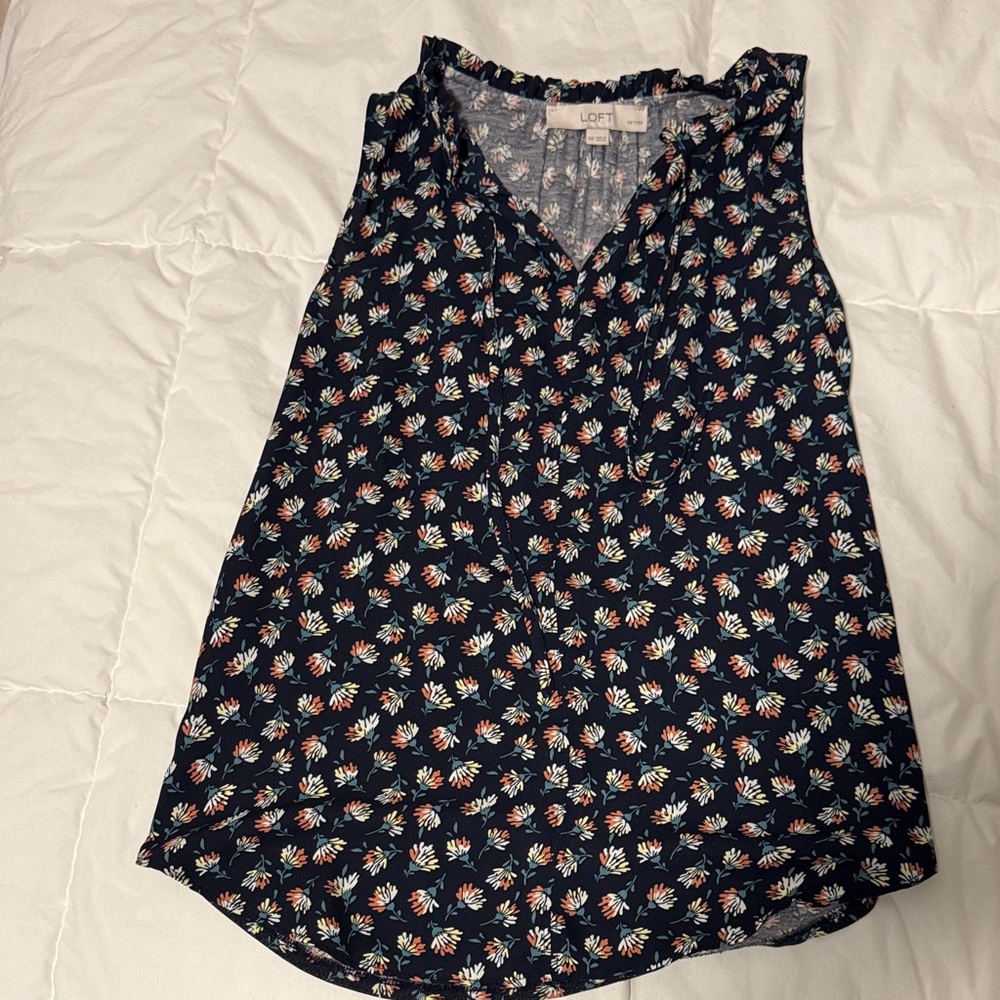 LOFT Women's Sleeveless Floral Mixed Media Blouse - Dark Blue